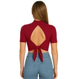 2/$30 Forever 21 Open Back Short Sleeve Crop Knit Mock Top Burgundy #A0235 TRB2